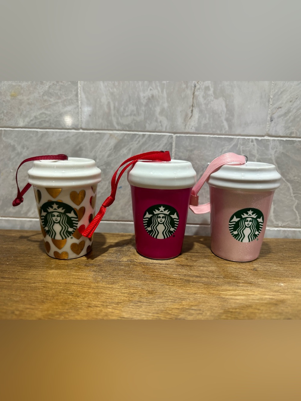 Set of 3 pink/love theme Starbucks ornaments